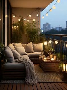 an outdoor living room with lots of lights