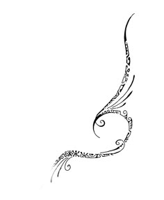 a black and white drawing of a bird with swirls on it's wings