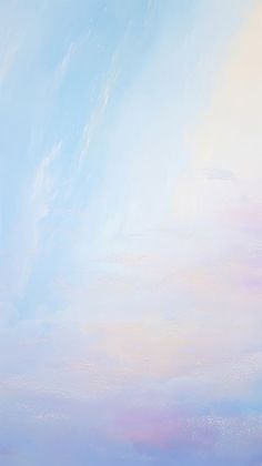 an abstract painting of blue, pink and white clouds in the sky with one plane flying overhead