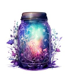 a jar filled with purple flowers and plants