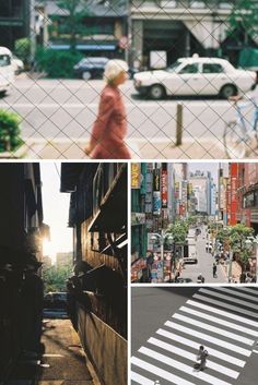 four different pictures with people walking, cars and buildings