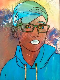 a painting of a man wearing glasses and a blue hoodie