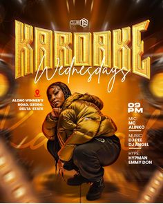 a flyer for karaoke wednesdays featuring an image of a woman in a yellow jacket