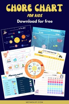 the free printable chore chart for kids is shown with pictures and text on it