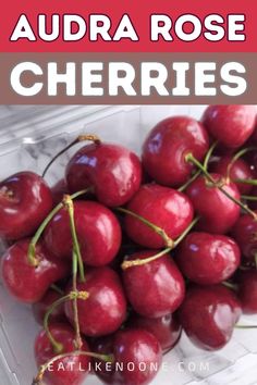 some cherries in a plastic container with text overlay