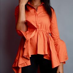 High Low Style, Peplum Effect, Flares Out From Waist, Drawstring To Cinch Waist To Comfort Or For Definition Tie At The Back High Low Top, Cinched Waist, Color Orange, Low Top, High & Low, High Low, Top Blouse, Womens Tops, Orange