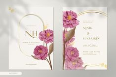 two wedding cards with pink flowers and gold trimmings on the front and back