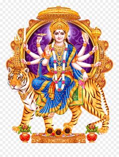 the hindu goddess sitting on top of a tiger, with her arms in the air