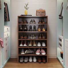 the closet is filled with shoes and purses