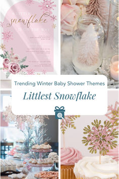 a collage of baby shower themes including snowflakes, trees and cupcakes