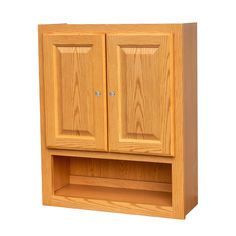 a wooden cabinet with two doors and shelves