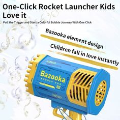 an advertisement for rocket launcher kids's toys in blue and yellow with bubbles around it