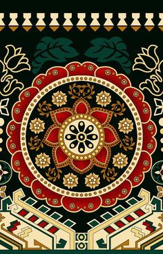 an intricately designed wall hanging in the shape of a flower, with gold and red accents