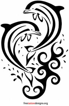 a black and white drawing of two dolphins with swirls on their tails, in the shape of a heart