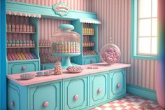 a pink and blue candy shop with lots of candies on the counter in front of it