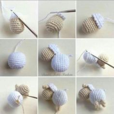 crocheted ornaments are being made with yarn and thread to make them look like mice