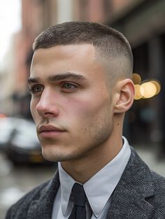 The High Taper Buzz Cut is designed for the professional setting, offering a crisp, clean look that pairs well with a suit and tie. The taper is pronounced, adding a touch of elegance to the straightforward buzz cut. It suits all face shapes and is particularly impactful on those with prominent features. Taper Mid, Buzz Cut Fade, Gents Hairstyles, Buzz Cut Styles, Haircut Ideas For Men, High Taper, Low Taper, Buzz Cut Hairstyles