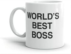 a white coffee mug with the words'world's best boss'printed on it