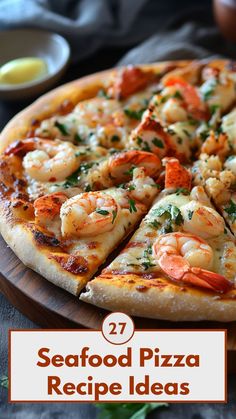 seafood pizza with shrimp and cheese on a wooden platter next to dipping sauces