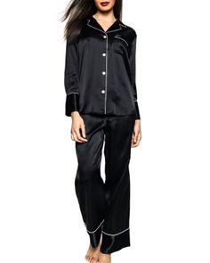 Petite Plume Mulberry Silk Pajama Set Comfy Korean Outfits, Black Silk Pajamas, Korean Pajamas, Black Pajamas, Silk Pajama, Silk Pajama Set, Contrast Piping, Silk Pajamas, Pocket Top