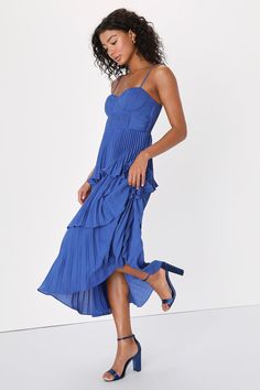 Blue Midi Dress - Tiered Pleated Midi Dress - Bustier Midi Dress - Lulus Blue Bridesmaid Dresses, Blue Wedding Guest Dresses, Royal Blue Bridesmaids, Bustier Midi Dress, Royal Blue Bridesmaid Dresses, Lulus Dresses, Cobalt Blue Dress, Guest Attire, Jw Marriott