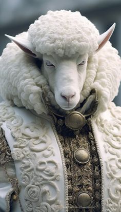 a white sheep dressed in an elaborately designed outfit with horns on its head and ears