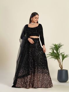 Fabric Details Lehenga Lehenga Fabric : Velvet lehenga Lehenga Work : heavy sequence work Lehenga Size : Max up to 42(XL)(Semi-Stitch) Lehenga Length : 40 to 42 Inch  Lehenga Flair : 3.25 Meter Can can attach Blouse  Blouse Fabric :  Velvet blouse Blouse Work : sequence work all over front & back Blouse Length : 0.80 Meter Blouse Size : Max Up to 42(XL) (UN-Stitch) Dupatta Dupatta Fabric :  Net Duppata Dupatta Work : sequence border work Dupatta Length : 2.10 Meter Weight : 1.600 KG Care Introdu Black Lehenga Party Wear, Velvet Wedding Lehenga, Black Sequin Lehenga, Black Lehenga Choli, Sequin Lehenga, Velvet Lehenga, Velvet Wedding, Black Lehenga, Lengha Choli