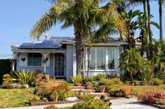 a house with lots of plants and trees in front of it on a sunny day