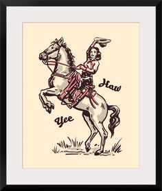 a drawing of a woman riding on the back of a horse with words above it