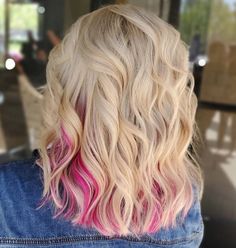 Blonde Colorful Highlights, Pink Pieces In Blonde Hair, Pink Hair Accents, Blonde Fun Hair Color, Platinum Blonde With Pink Underneath, Hidden Pops Of Color In Hair, Platinum Blonde Hair With Pink Peekaboo, Peak A Boo Hair Blonde, Hot Pink Peekaboo Highlights