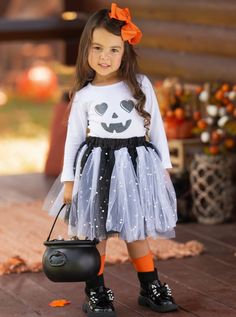 Little Girls Halloween Apparel Top & Tutu Skirt Set - Mia Belle Girls Toddler Flower Girls, Halloween Classroom, Girls Dress Outfits, Pumpkin Patches, Toddler Flower Girl Dresses, Infant Flower Girl Dress, Light Up The Night, Tea Party Dress