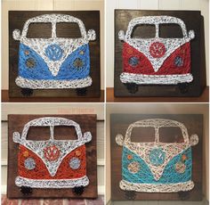 four different pictures of a vw bus made out of yarn