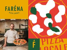 a man standing in front of a pizza on top of a counter next to a sign