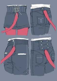 four different views of the same pair of jeans with ties tied around their waists