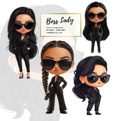 three different poses of a woman in black clothing and sunglasses, one with long hair