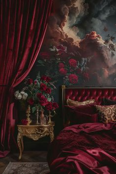 Dark and moody Art Deco bedroom with rich textures and metallic accents Victorian Gothic Bedroom, Maroon Bedroom, Condo Room, Burgundy Bedroom, Red Bedroom Design, Bedroom Revamp, Royal Bedroom, Gothic Bedroom