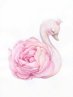 a watercolor painting of a pink rose and a white swan with a crown on its head