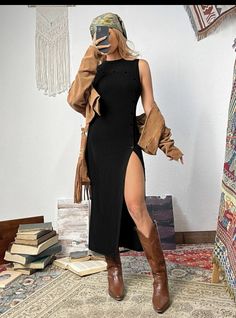 Calf Boots Dress, Feminine Boots Outfit, Black Boho Style Outfits, Midi Dress With Cowboy Boots Outfit, Bodycon Dress With Cowboy Boots, Chic Brunch Outfit Summer, Black Dress Streetwear, Black Dress With Boots Country, Fredericksburg Texas Outfit Summer