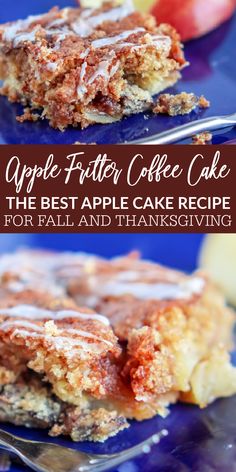 an apple coffee cake on a blue plate with the title overlaying it's image