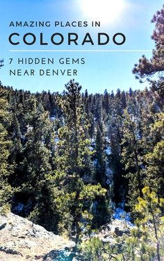 the cover of amazing places in colorado 7 hidden gems near denver, colorado with pine trees and blue sky