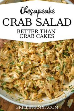 crab salad in a white bowl with text overlay that reads, cheapest crab salad better than crab cakes