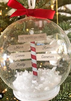 a christmas ornament hanging from a tree with snow on it and the names of different towns