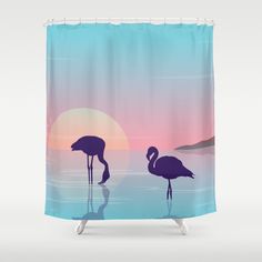 two flamingos standing in the water at sunset shower curtain by duckyboom