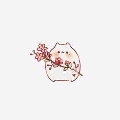 a drawing of a cat with flowers on it's head and eyes, holding a branch in its mouth