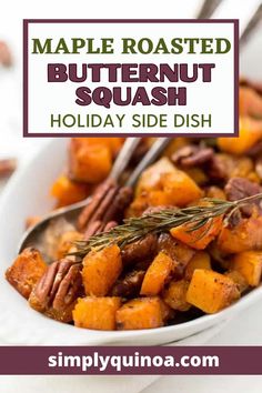 maple roasted butternut squash in a white bowl with a spoon and rosemary sprig