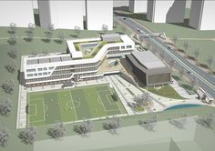 an artist's rendering of the new school building and sports field, as seen from above