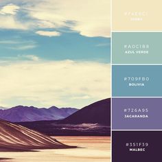 the color palette is blue, purple, and white with mountains in the background for this image