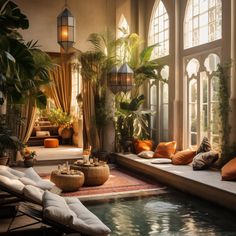 an indoor swimming pool with lots of plants in the corner and large windows on either side