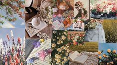 a collage of pictures with flowers and books