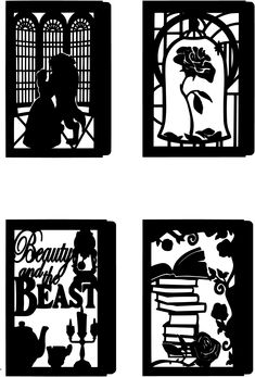 four black and white silhouettes of the beauty and the beast characters in different frames